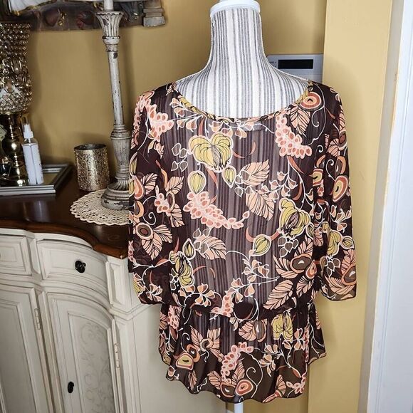 Casual Land brown floral tunic sheer blouse boho top blouse women's M Fall Vibes - Picture 4 of 4